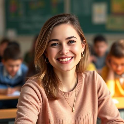 Photo d'Am√©lie Bernard, coordinatrice des cours de langues, souriant √† des √©tudiants dans une salle de classe.