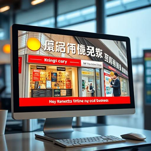 Publicit√© marketing pour une entreprise locale traduite en mandarin, affich√©e sur un √©cran d'ordinateur.