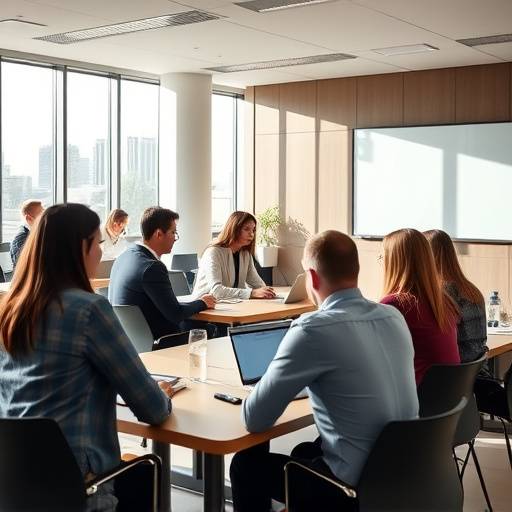 Un groupe d'adultes participant √† un cours d'anglais des affaires dans une salle de classe moderne.